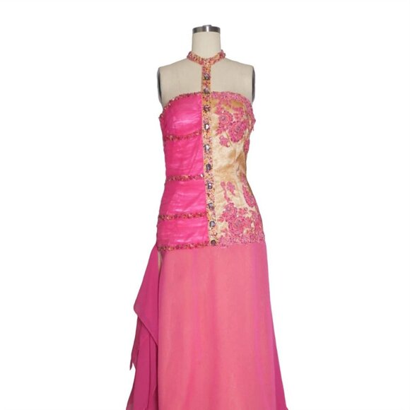 Vtg Halter Neck Handkerchief Gown US 6 M Gemstone Sequin Asymmetric Prom Dress - Picture 4 of 8